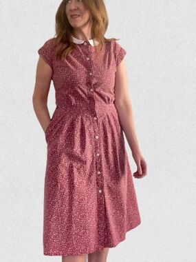 1980s Button-Front Midi Floral Dress with White Collar